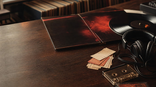 Vinyl record, headphones, cassette tape, and concert tickets on a warm record-store counter