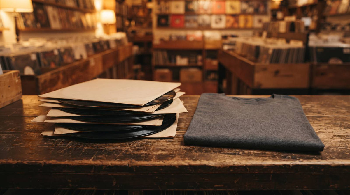 Folded charcoal shirt beside plain vinyl sleeves on a worn record-store counter
