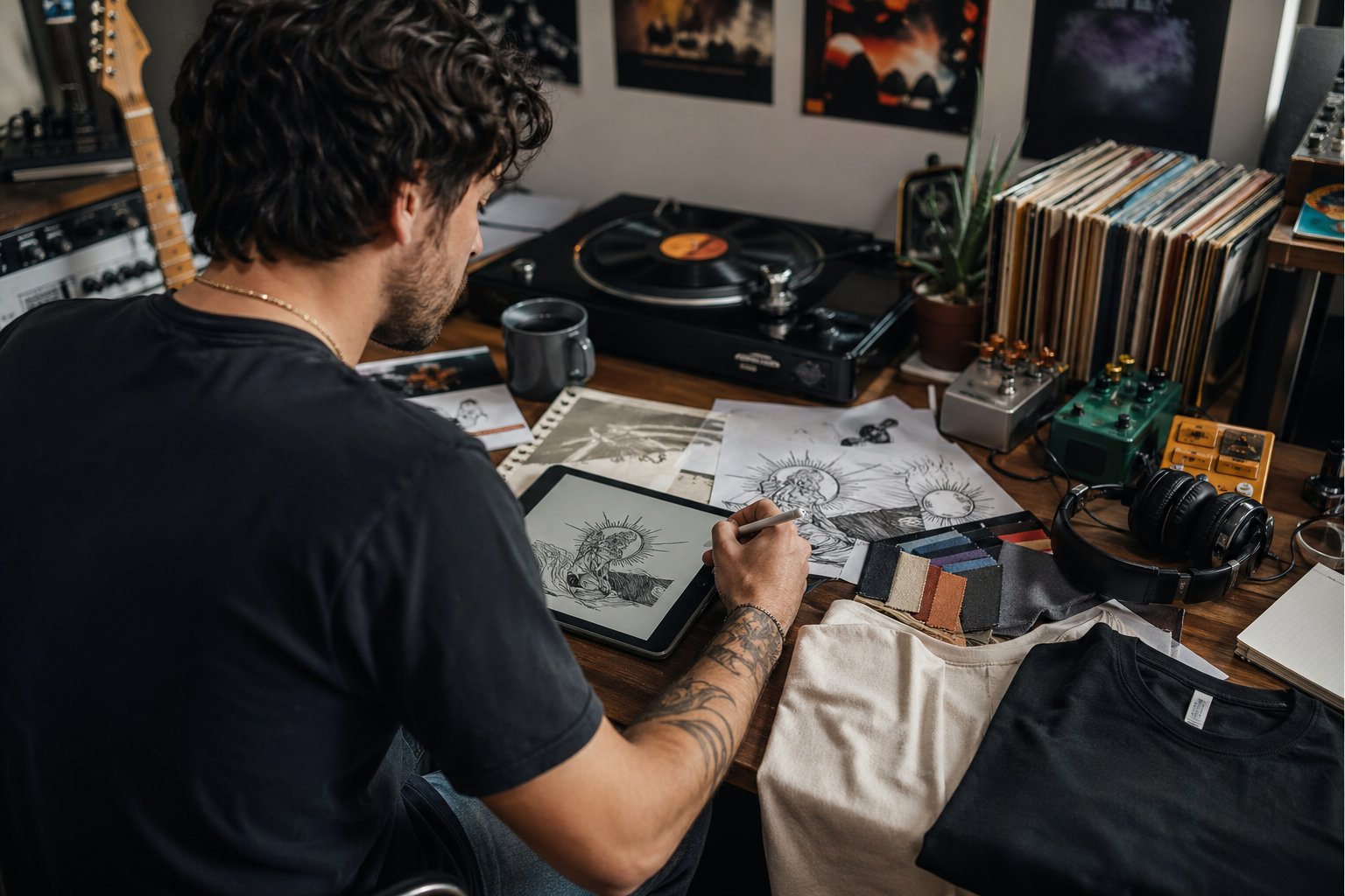 Raised By Rhythm in-house music tee design workspace